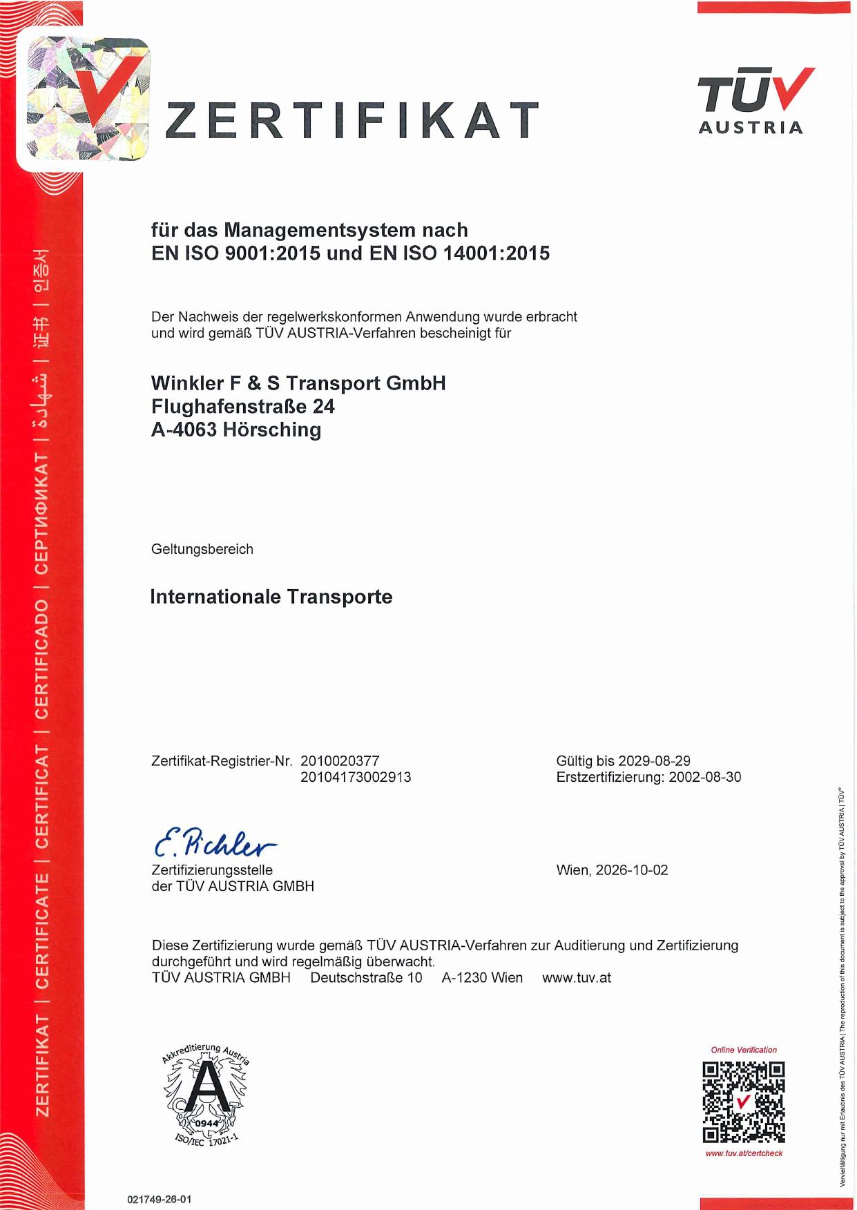 Zertifikat für das Managementsystem