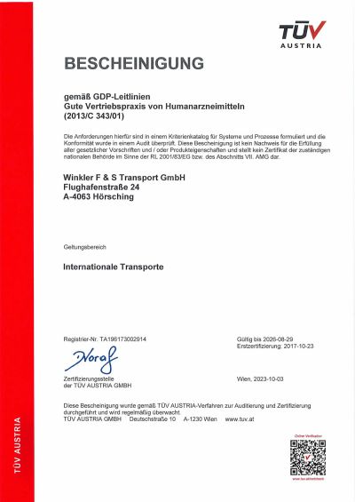 Bescheinigung gemäß GDP-Leitlinien