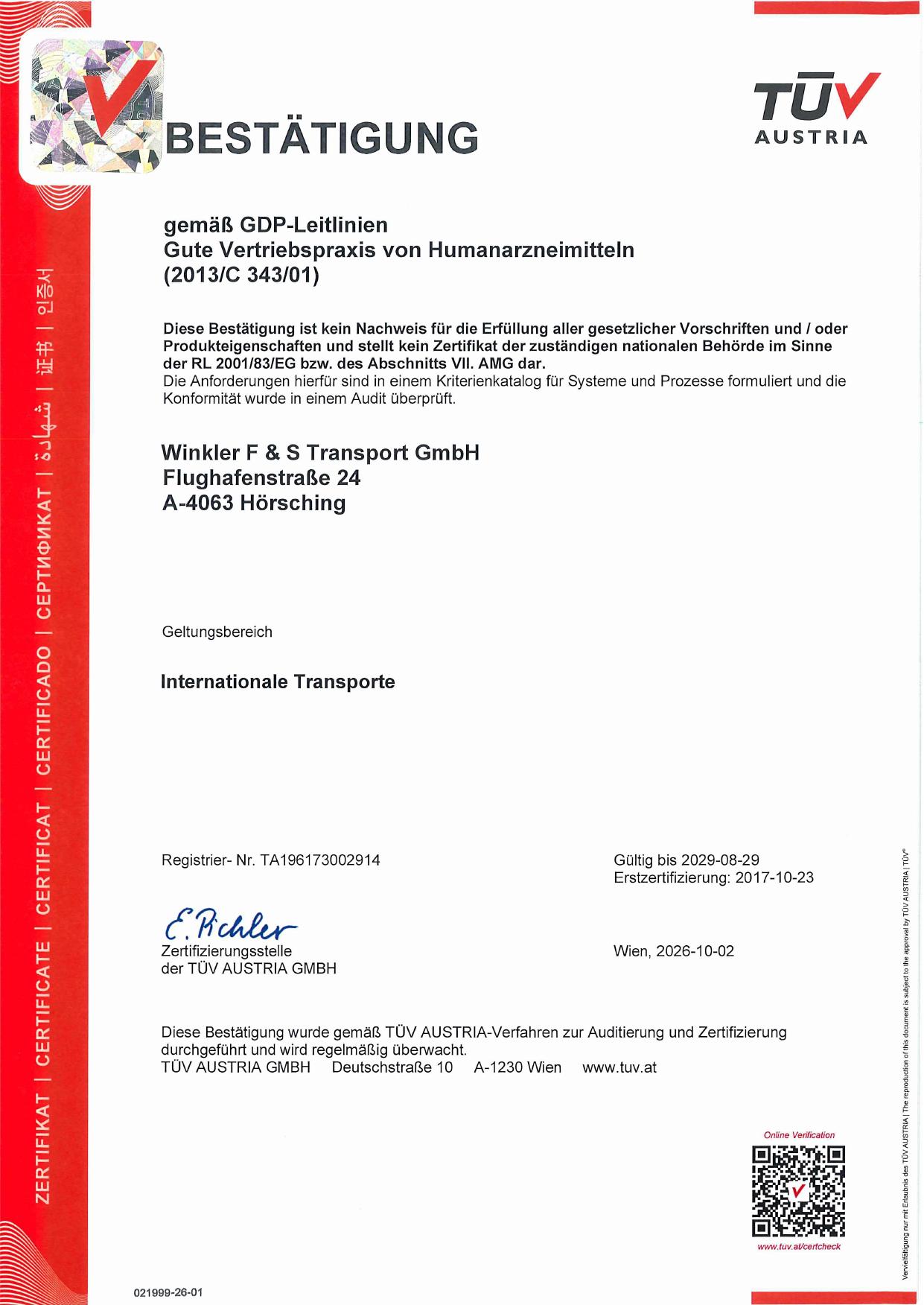 Bescheinigung gemäß GDP-Leitlinien
