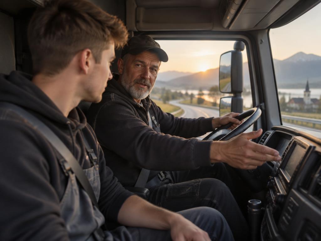 Einschulung im Lkw: erfahrener Fahrer erklärt einem Einsteiger das Fahrzeug
