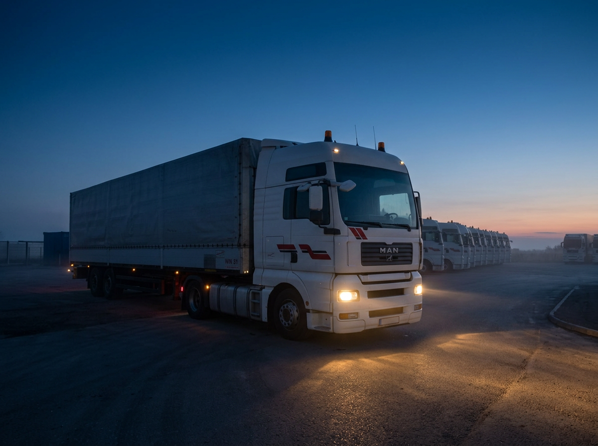 Winkler LKW mit Licht am Hof beim Start zur Tagestour in der Frühe
